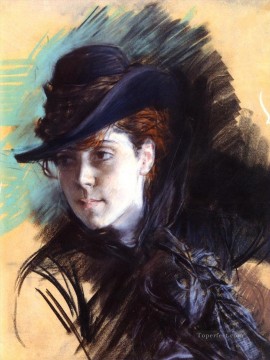  Van Lienzo - La chica con sombrero negro género Giovanni Boldini